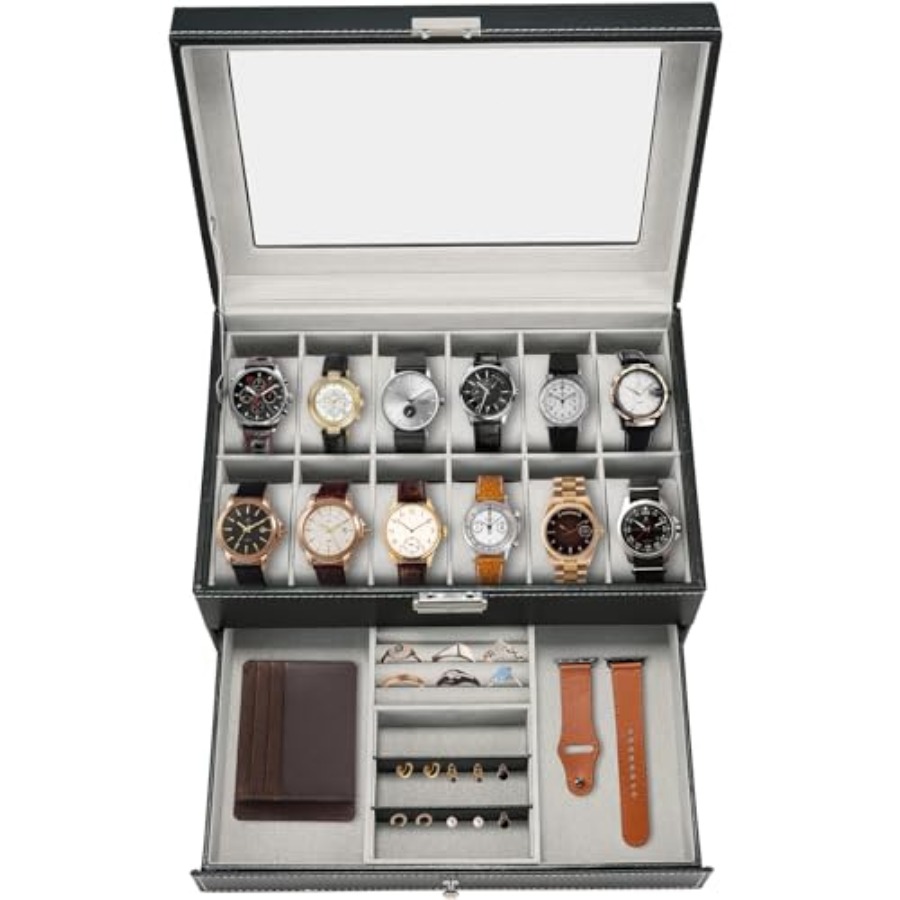 Watch Display Box - 12 Slot PU Leather Lockable Watch