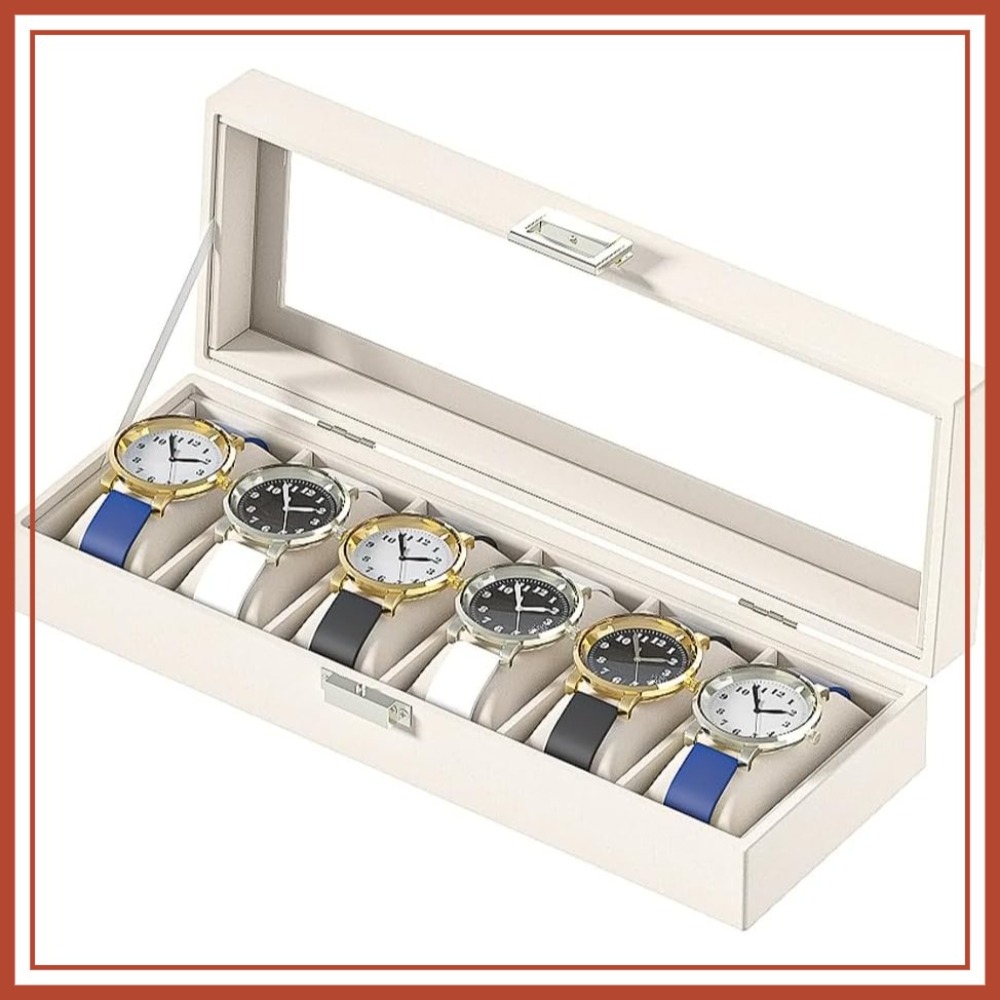 Watch Display Box - Leather Watch Display Case 6-Slot Beige