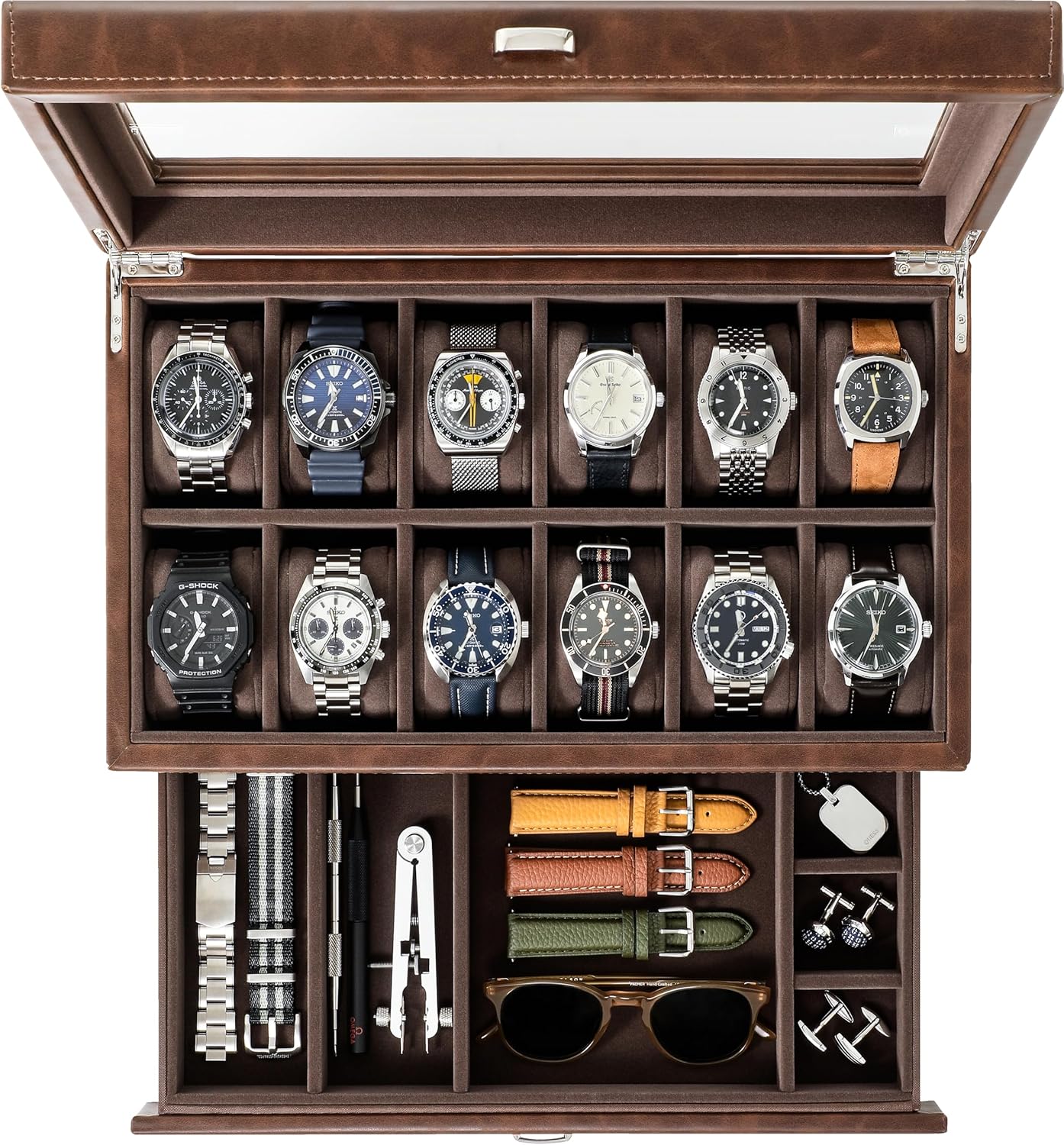 Watch Display Box - 12-Slot Watch Box with Glass Display,