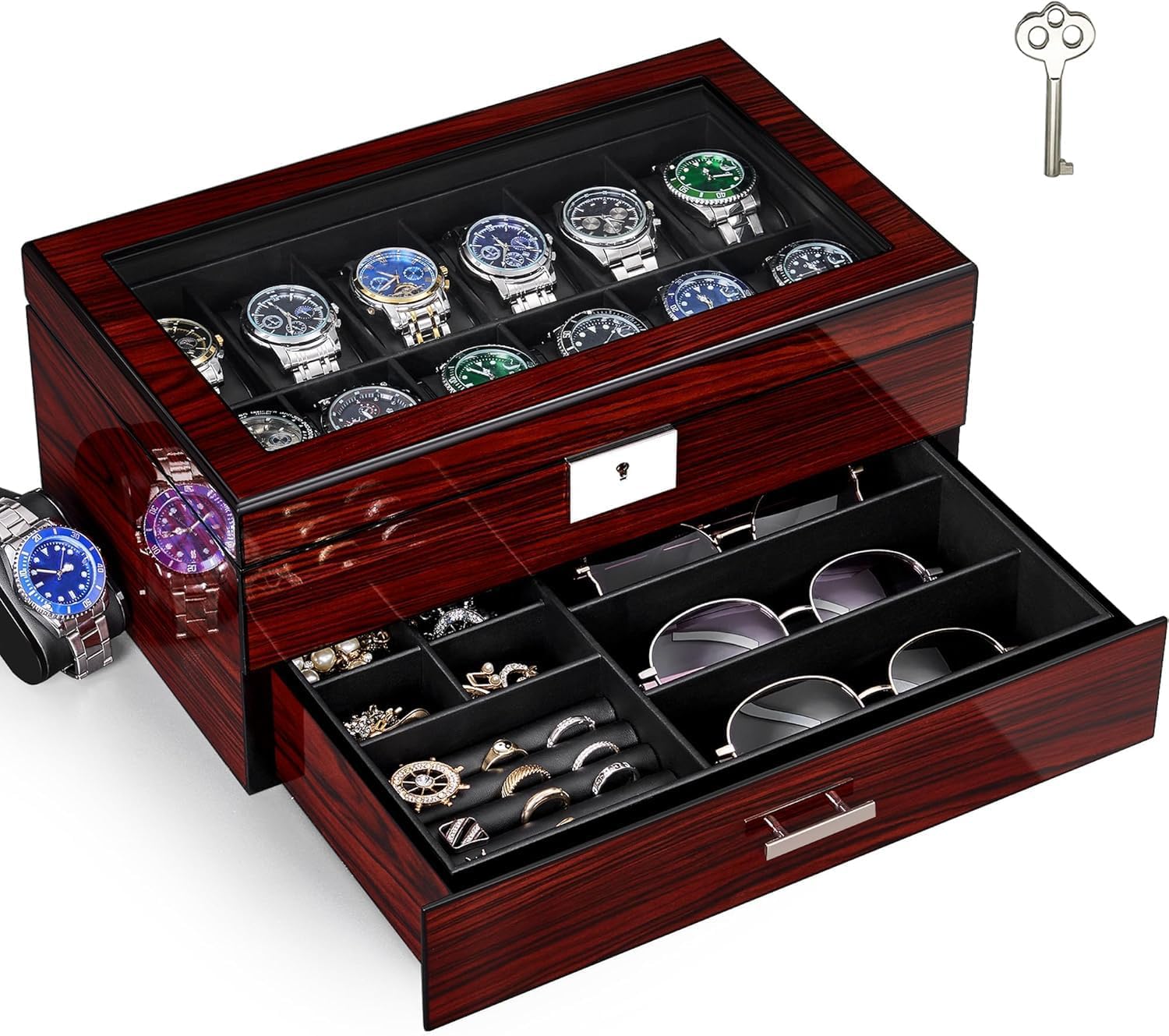 Watch Display Box - 12-Slot Watch Box with Glass Lid,